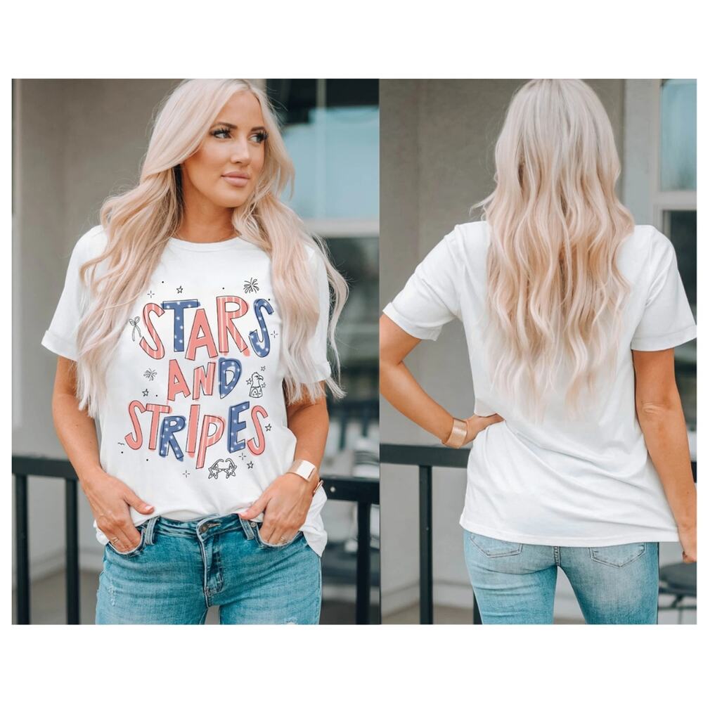 White STARS AND STRIPES Crew Neck Patriotic Tee - Picture 4 of 5